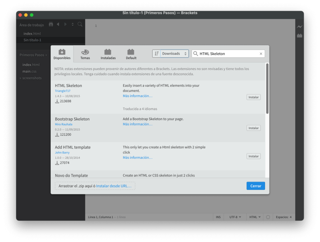 Instalar extensión HTML Skeleton en Brackets