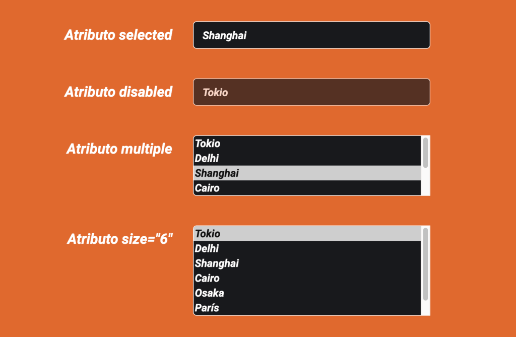 Atributos de etiqueta SELECT con ejemplos