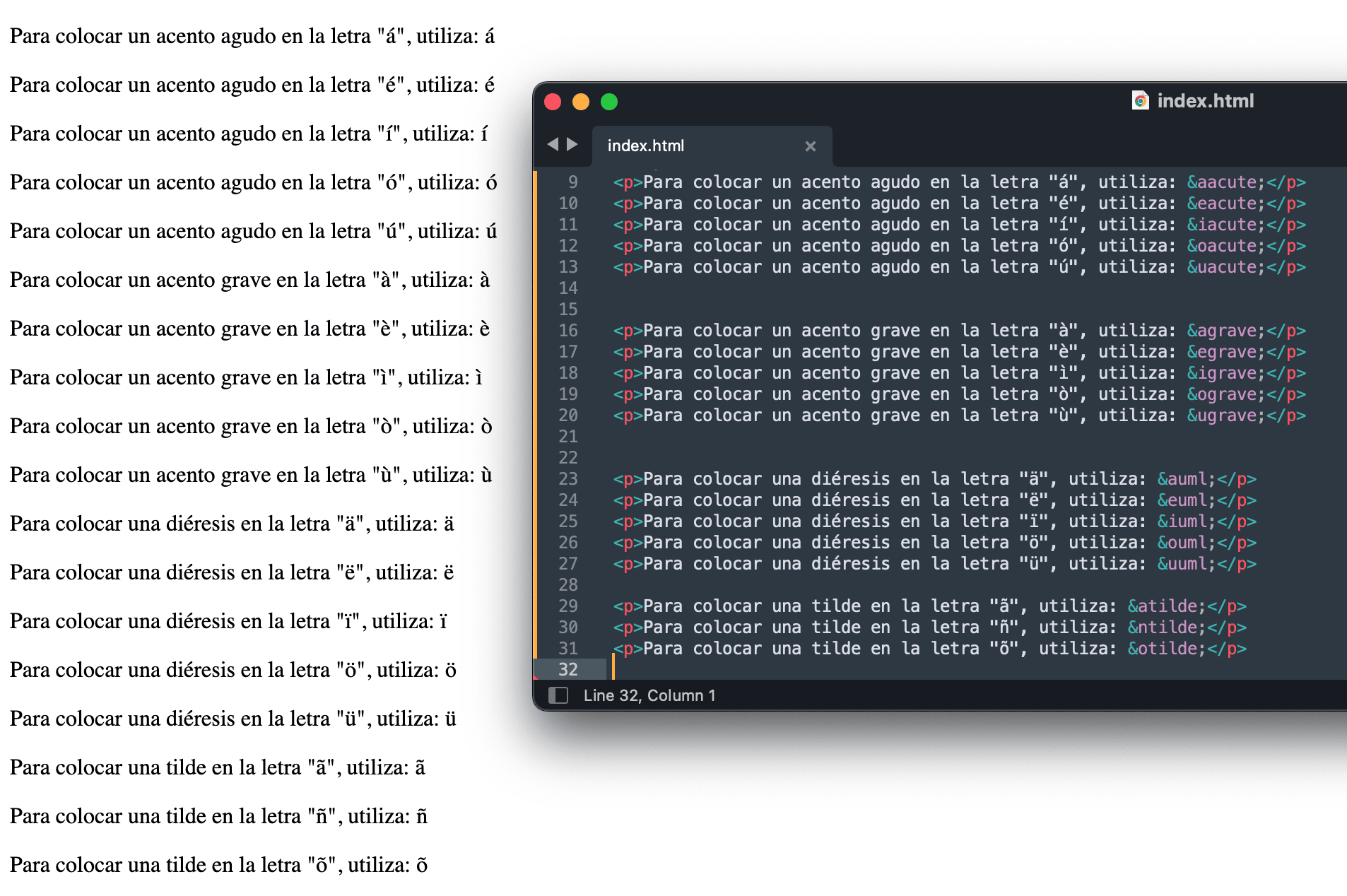 Ejemplo de acentos en código HTML