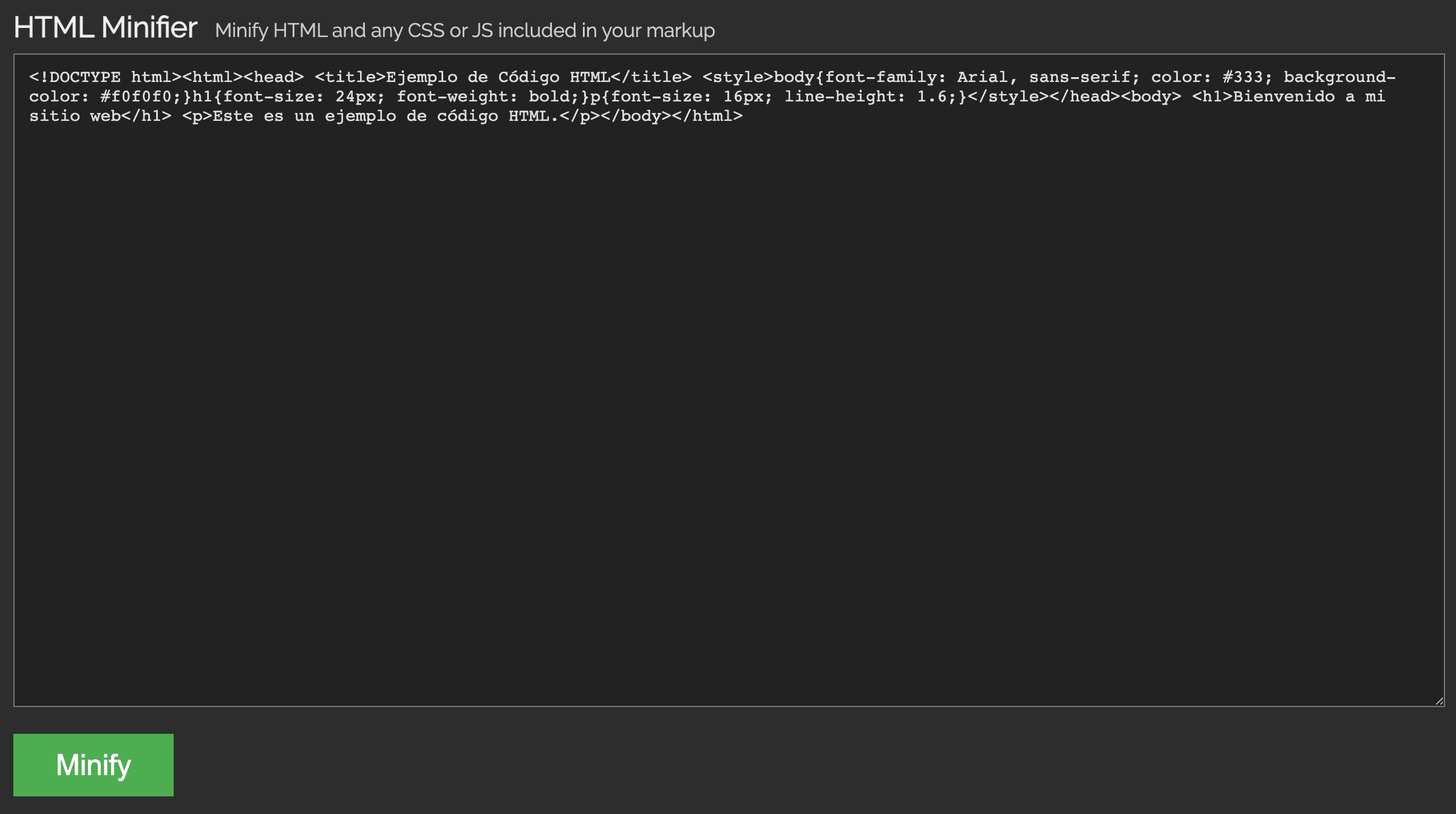 Código ejemplo para uso de HTML Minifier