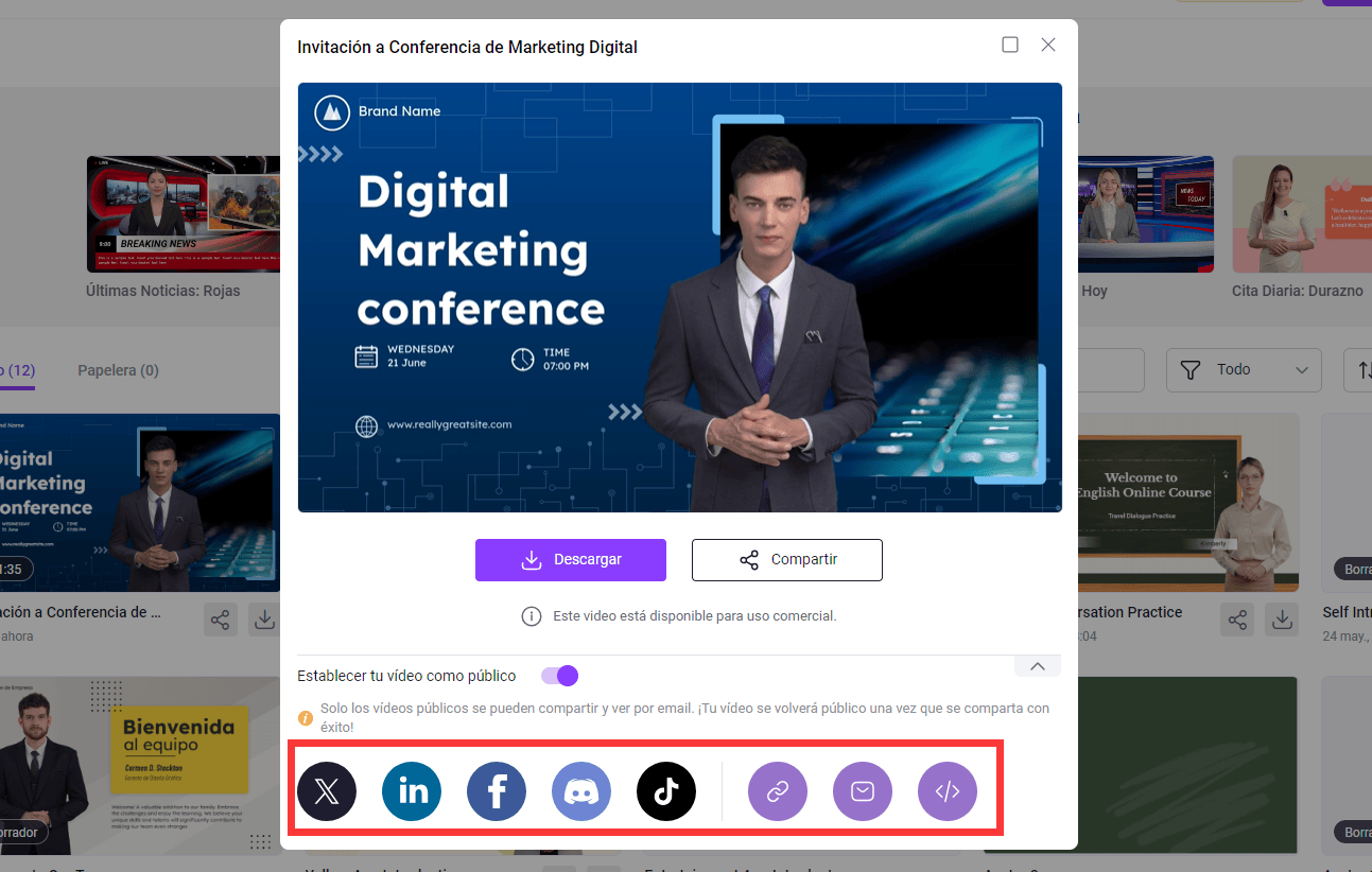 Compartir o descargar video generado