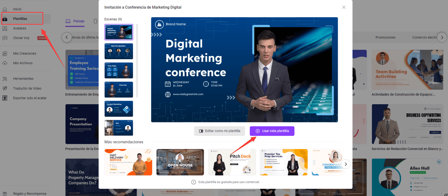 Elegir tipo de video en plantillas