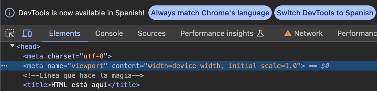 Ventana en consola de la metaetiqueta viewport
