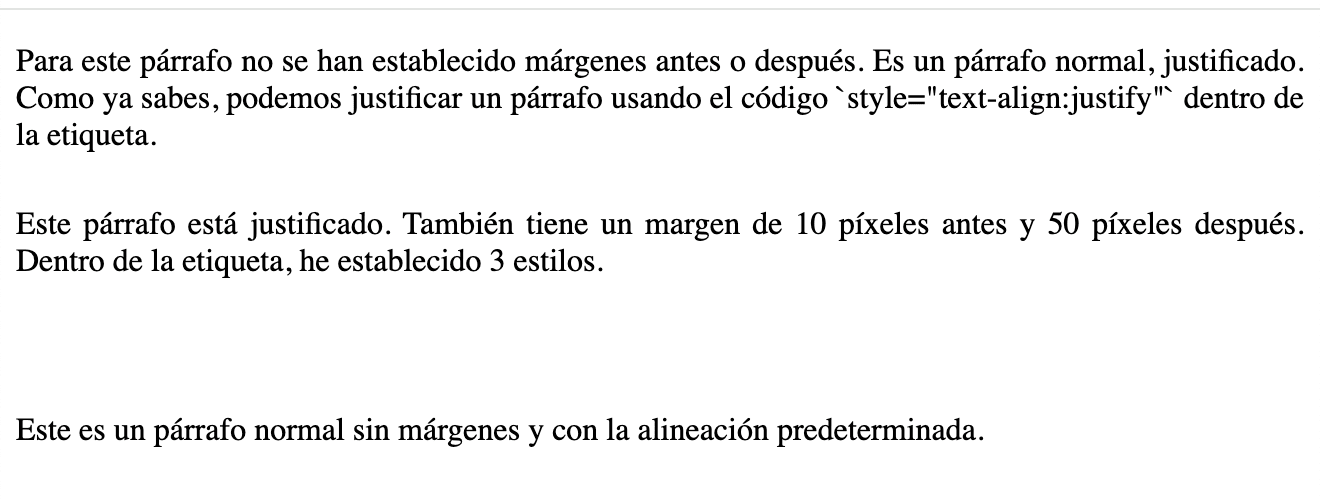 Ejemplo de espaciado entre párrafos en HTML usando márgenes superior e inferior.