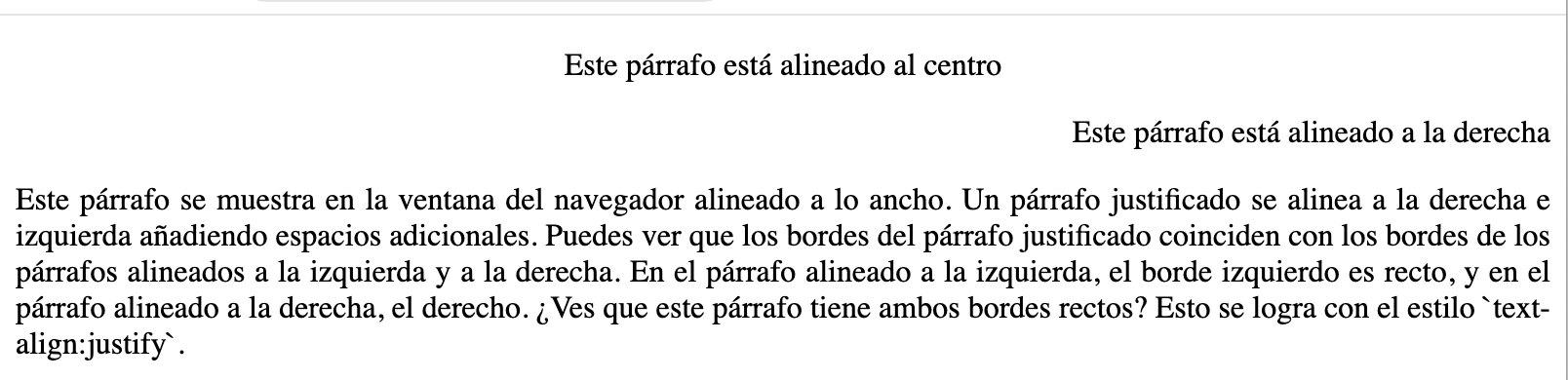 Ejemplo de alineación de texto en HTML: izquierda, derecha, centro y justificado.