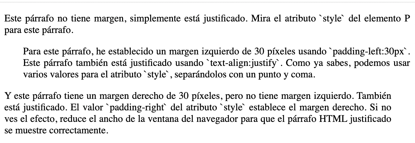 Ejemplo de márgenes izquierdo y derecho en párrafos HTML.