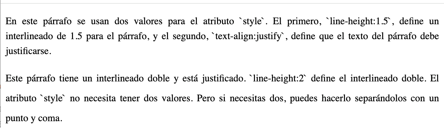 Ejemplo de interlineado simple y doble en HTML.