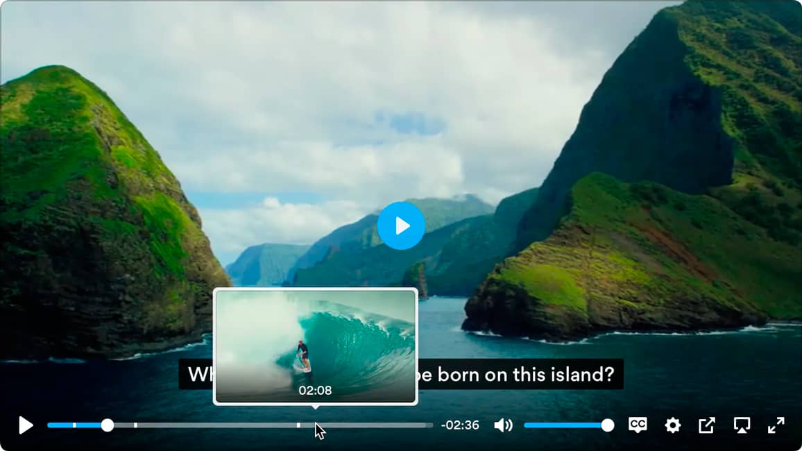 Captura de pantalla del reproductor de video Plyr.io con un video de surf.
