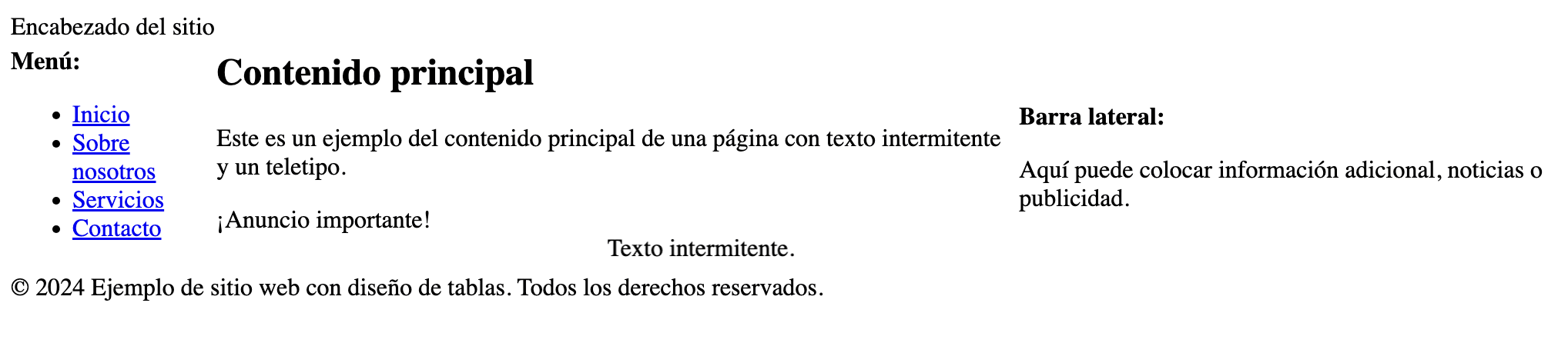 Representación visual de una página web con ejemplos de texto animado en HTML: un anuncio importante con efecto intermitente y un texto con efecto teletipo.