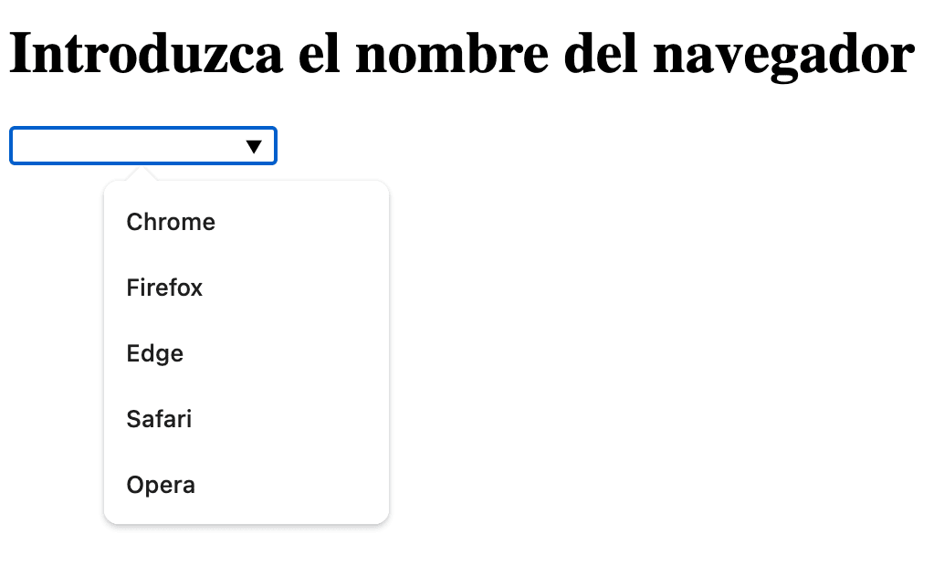Representación visual de un campo de formulario HTML con una lista desplegable de opciones sugeridas para autocompletar la entrada.
