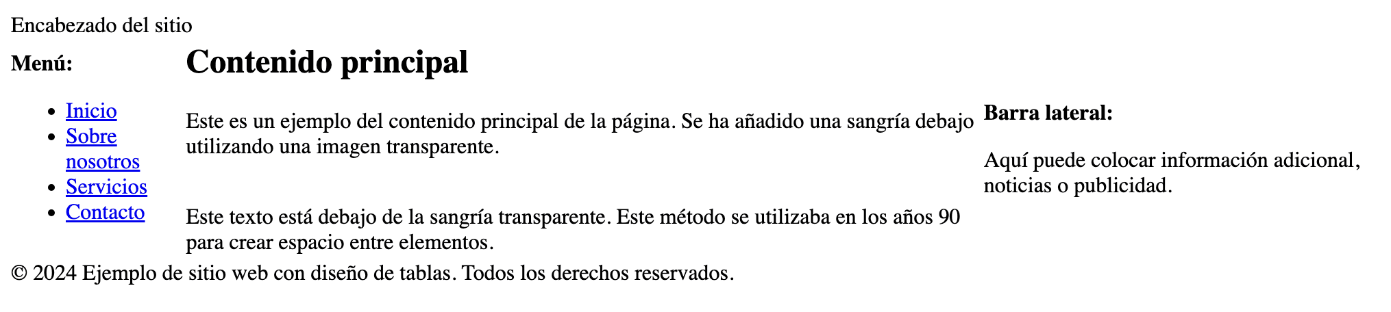 Representación visual de una página web donde se simula una sangría en el texto del contenido principal utilizando una imagen transparente en HTML.