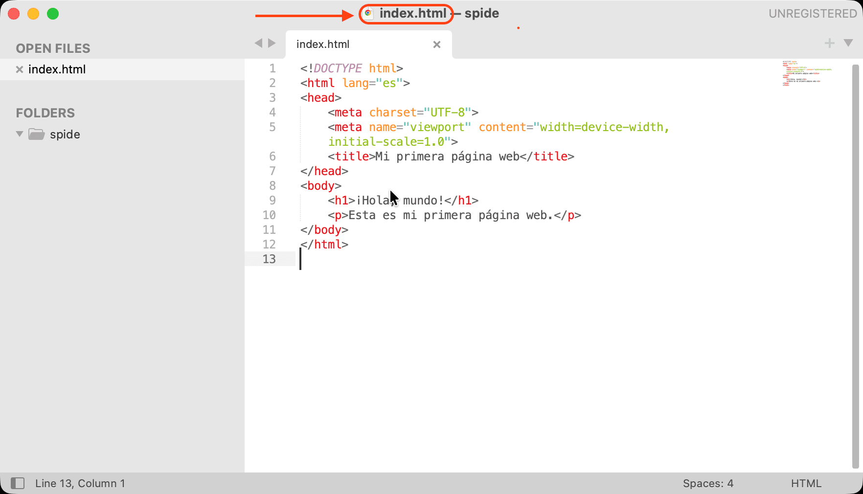 Captura de pantalla de un editor de código mostrando el código HTML básico para crear una página web, guardado como index.html.