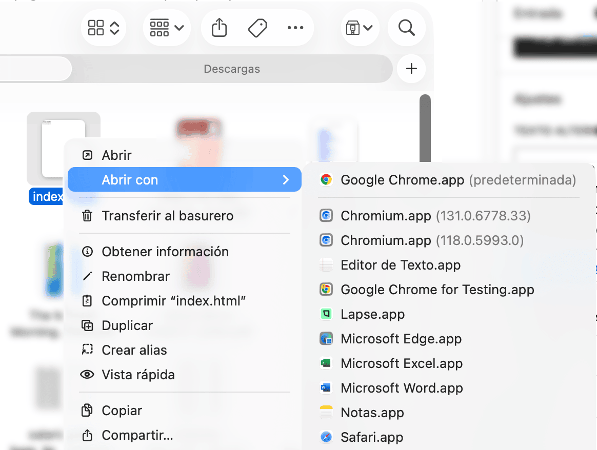 Menú contextual de cómo abrir archivo html mostrando opciones de navegadores
