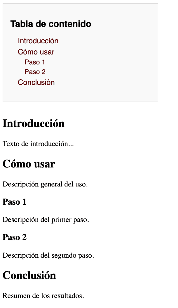 Ejemplo de tabla de contenido en HTML creada usando encabezados (h1-h6).