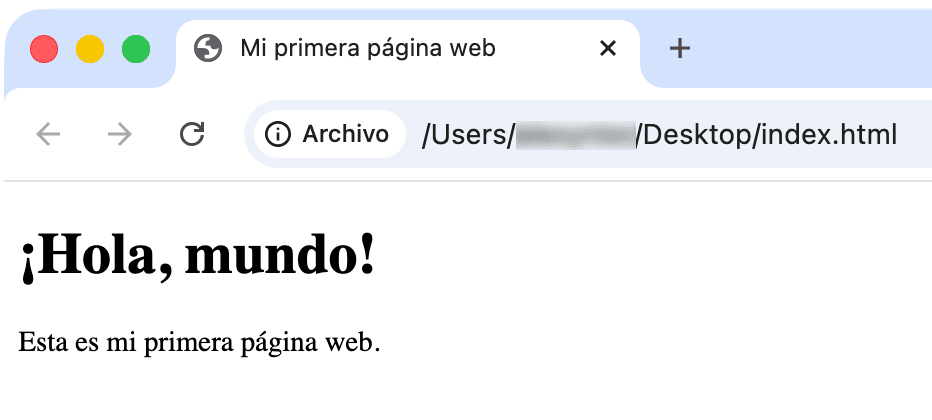 Vista del navegador mostrando el resultado de abrir un archivo HTML local, con el texto "¡Hola, mundo!" y "Esta es mi primera página web".